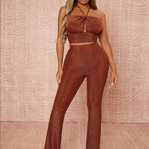 Shein SXY cut out tie blackless glitter halter top and flare pants